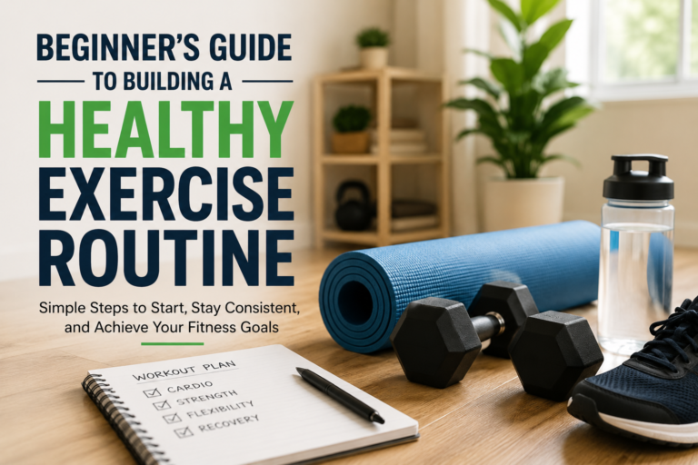 Beginner's guide to building a healthy exercise routine with a yoga mat, dumbbells, water bottle, and workout plan