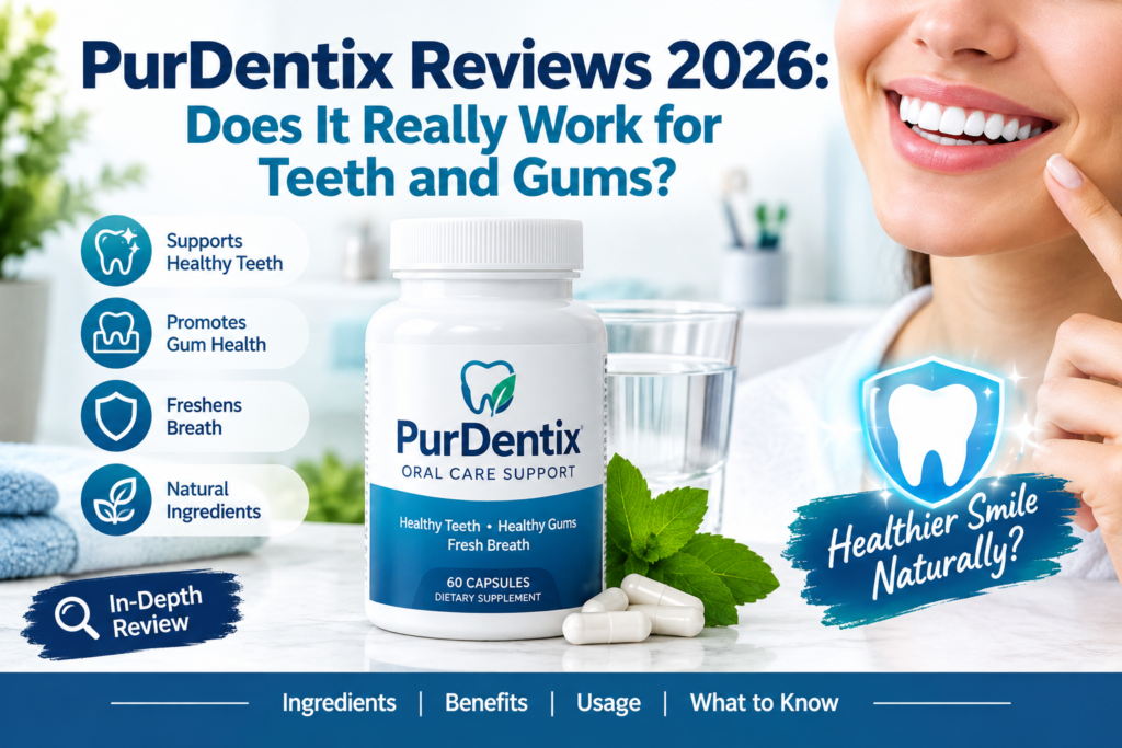 PurDentix Reviews 2026 featuring an oral care supplement bottle, healthy teeth, gum health, and dental wellness.